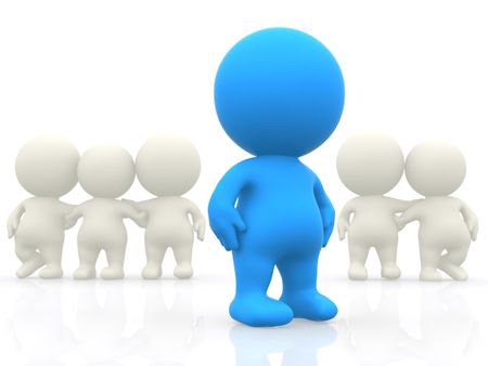 3D people hugging and a person standing out - isolated over white