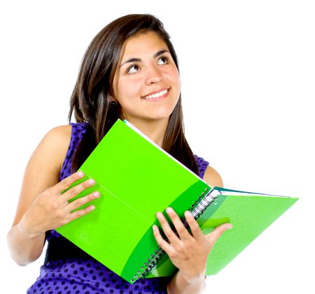 Beautiful female student with a notebook isolated