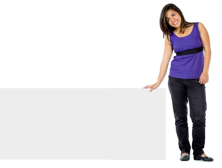casual woman displaying a banner ad isolated over a white background