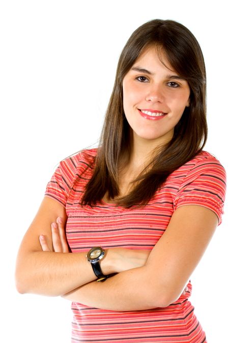 casual woman smiling isolated over a white background