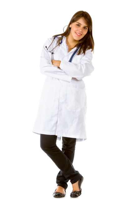 friendly female doctor smiling isolated over white