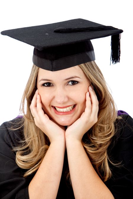 Beautiful graduation woman portrait isolated over a white background