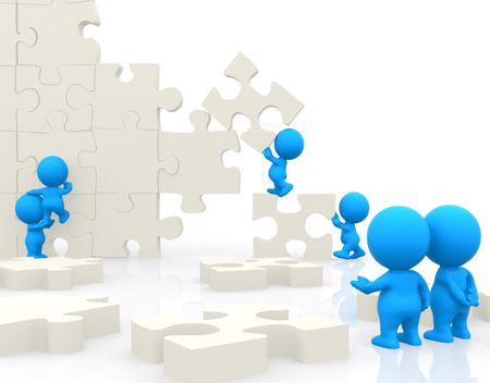 Group of 3D people making a puzzle isolated over a white background