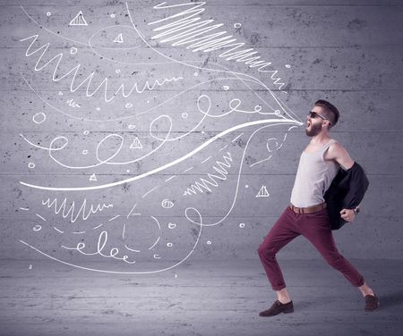 A mad hipster guy with beard shouting drawn white lines, curves on concrete urban wall illustration background concept