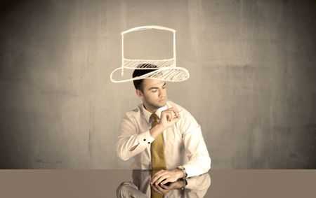 young-happy-businessman-elegant-suit-drawing-478024537 A young happy businessman in elegant suit drawing funny hat and mustache in empty grey space with a chalk illustration concept