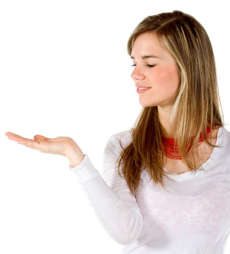 Display girl with hand up for showing a product - Isolated over white