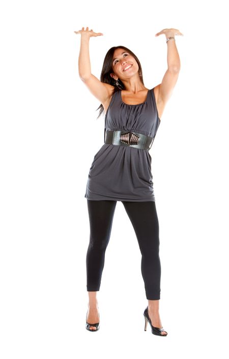 fashion woman pushing something up isolated over a white background