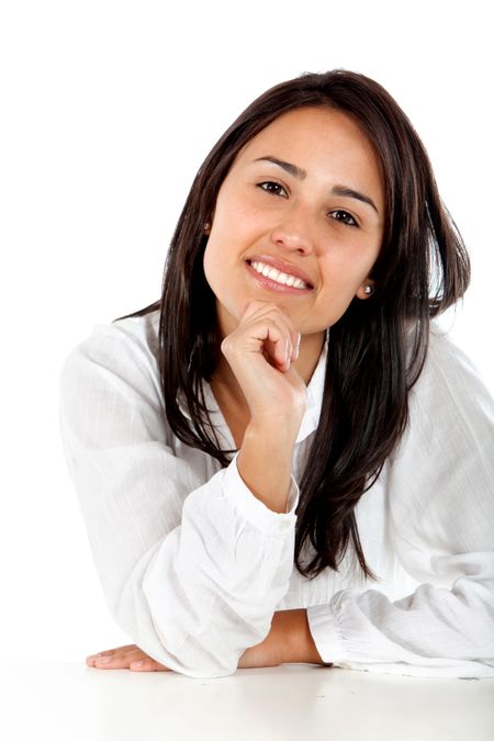 casual woman smiling isolated over a white background