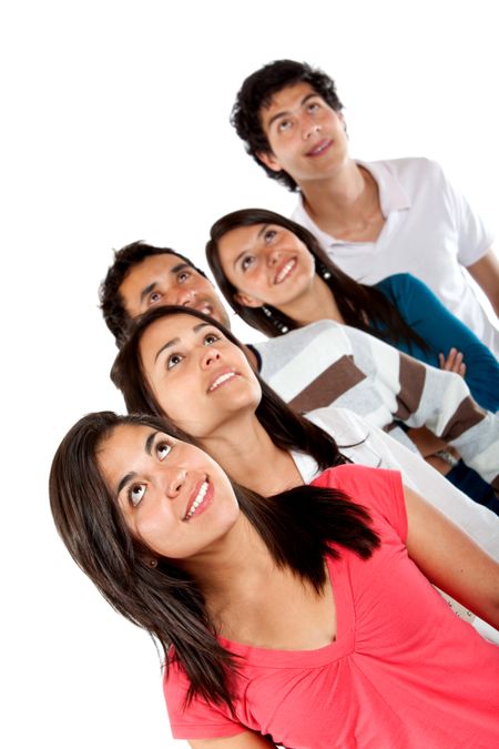 Casual group of friends looking up isolated over a white background