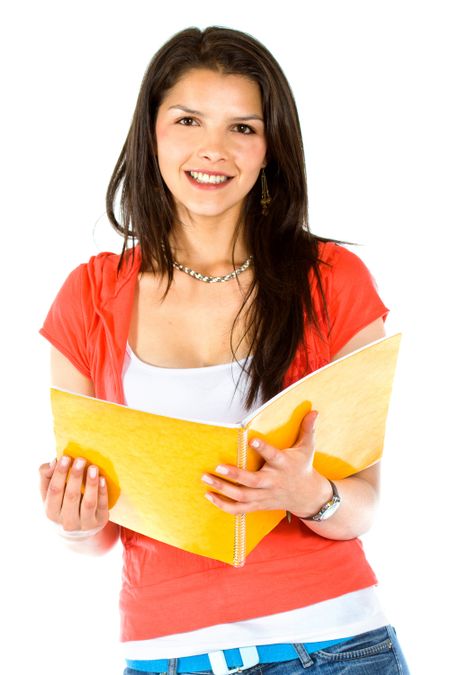 Beautiful female student with a notebook isolated over a white background