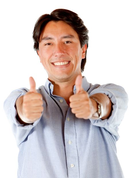 casual man smiling with thumbs up isolated over a white background