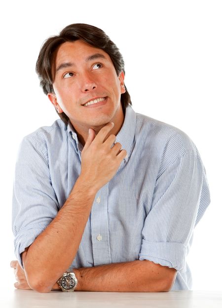 casual pensive man isolated over a white background