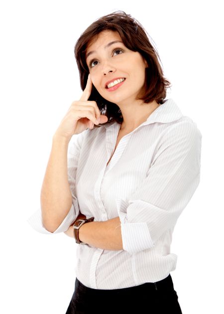 pensive business woman thinking isolated over a white background