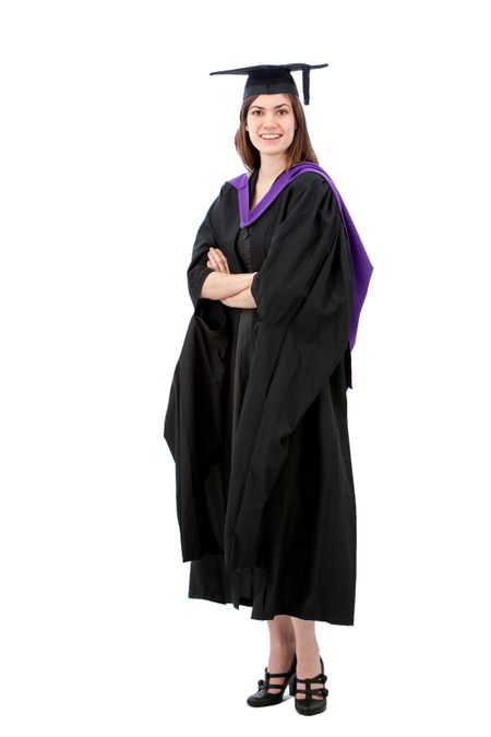 female graduation portrait standing with arms crossed isolated over a white background