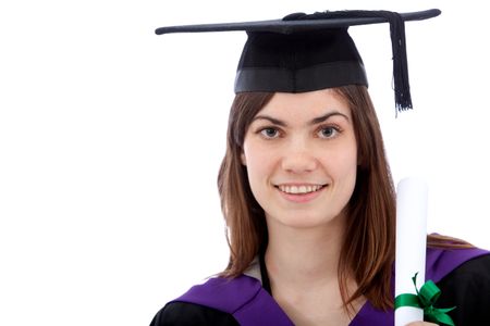 female graduation portrait smiling and holding her diploma