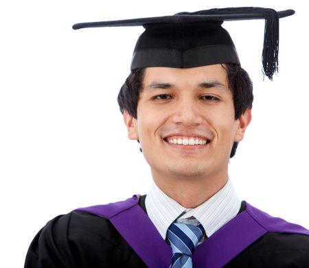 male graduation portrait smiling and holding her diploma