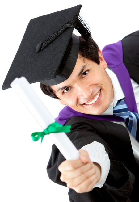 male graduation portrait smiling and showing his diploma isolated over a white background
