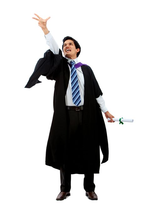 male graduation portrait smiling and tossing up his hat over a white background