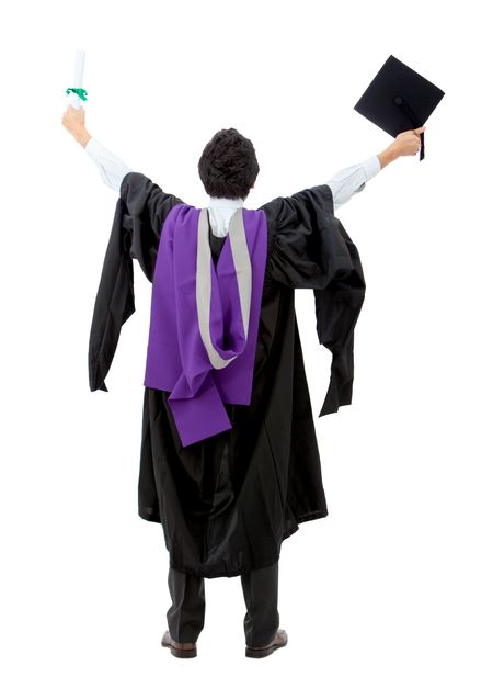 Rear view of a male graduate full of success with his arms up - isolated over white