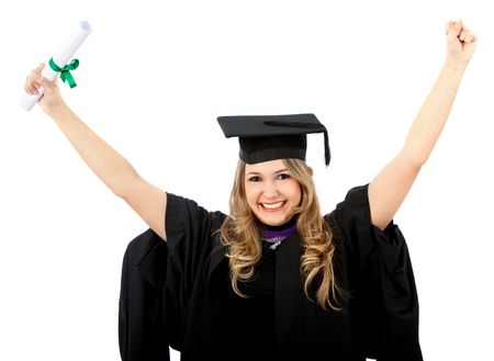 female graduation portrait smiling full of success with her arms up - isolated over white