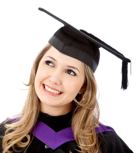female graduation portrait smiling isolated over a white background