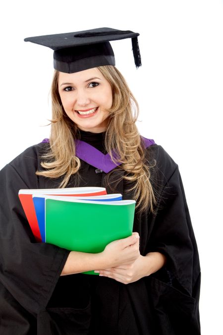 female graduation portrait smiling with notebooks isolated over a white background
