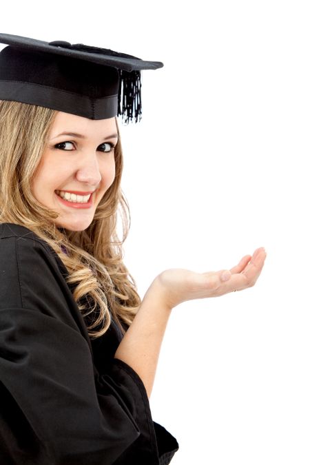 female graduation portrait smiling with hand up for showing a product