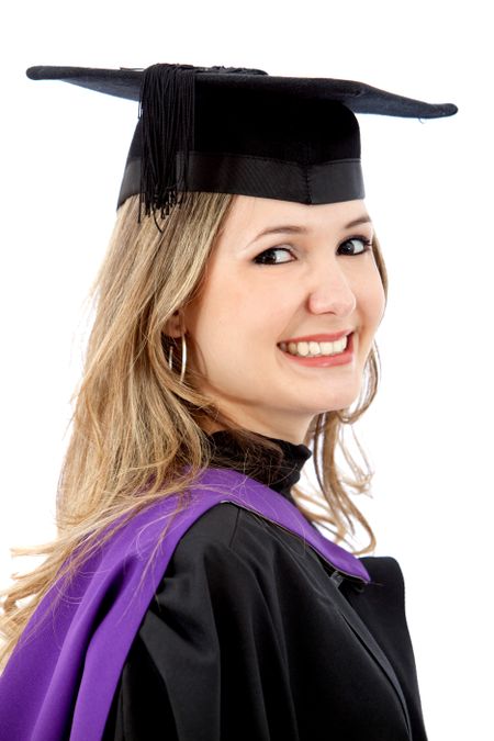 female graduation portrait smiling isolated over a white background