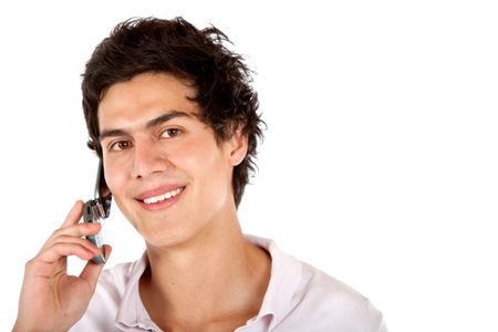 casual man smiling and talking on a mobile phone isolated over a white background