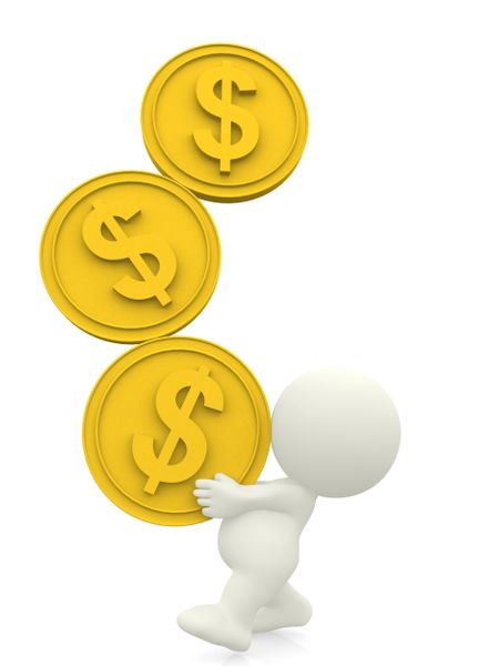 3D man balancing three coins isolated over a white background