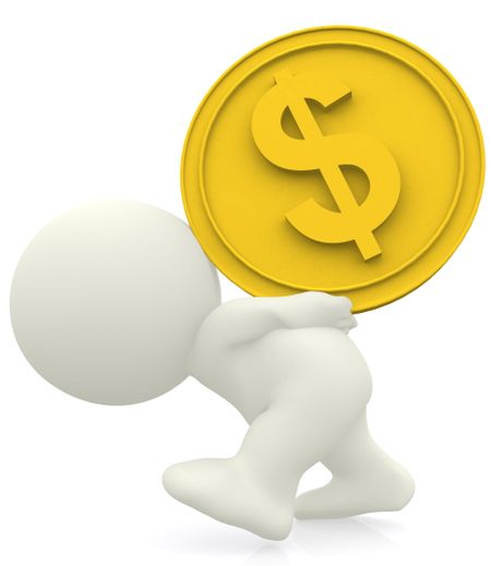 3D man carrying heavy coin isolated over a white background
