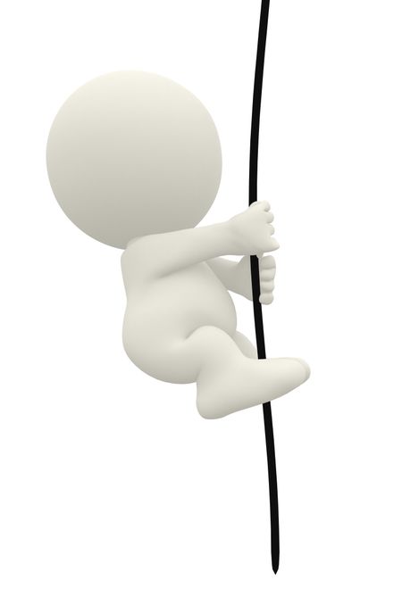 3D man climbing up a rope isolated over white