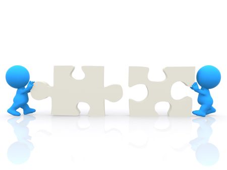 3D men assembling puzzle isolated over a white background