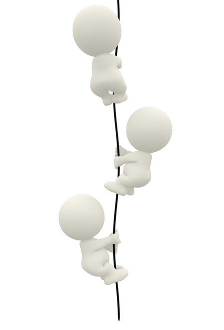 3D men climbing up a rope isolated over white