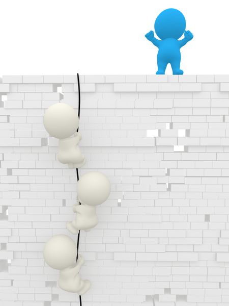 3D men climbing up a wall isolated over white