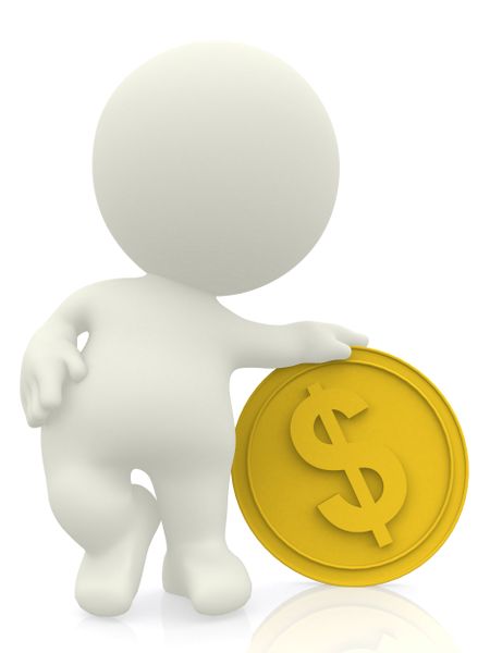 3D man with hand on top of a golden coin isolated over white