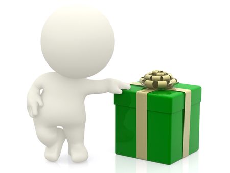 3D man with his hand on a gift isolated over white