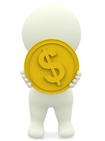3D man holding a coin in front of his face isolated over white