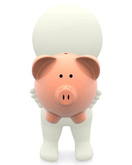 3D man holding a piggybank in front of his face isolated over white