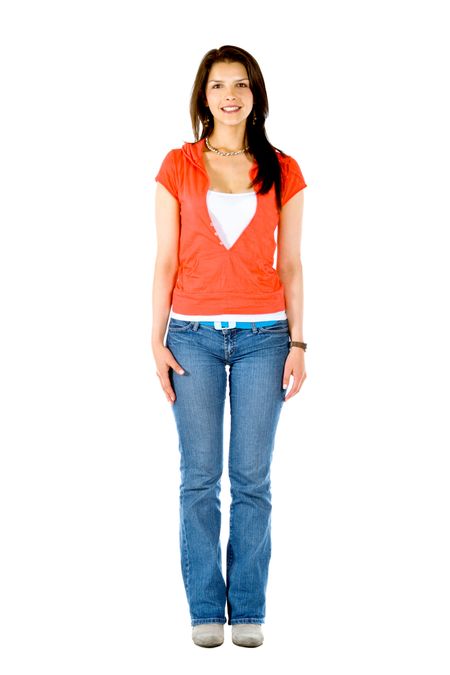 casual woman smiling and standing isolated over a white background
