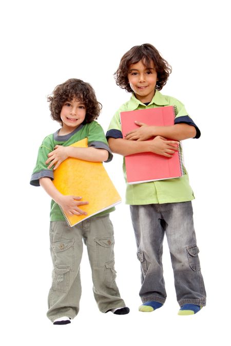 School boys with notebooks isolated over a white background
