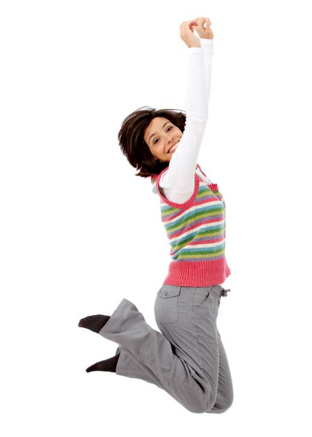 casual woman jumping full of joy isolated over a white background