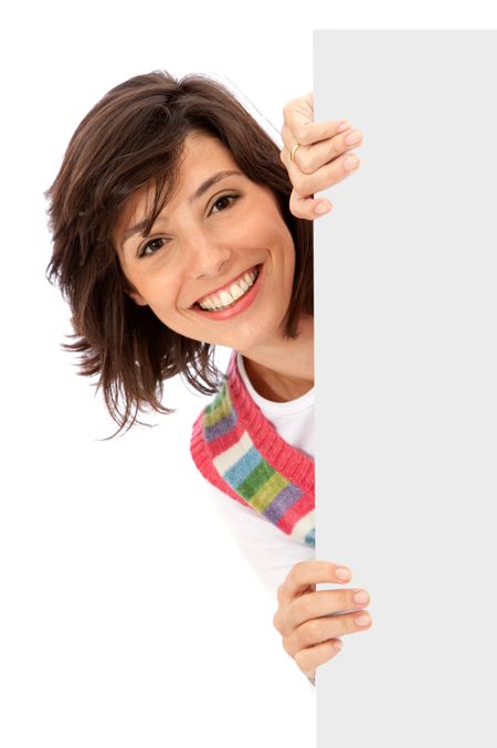 casual woman displaying a banner ad isolated over a white background