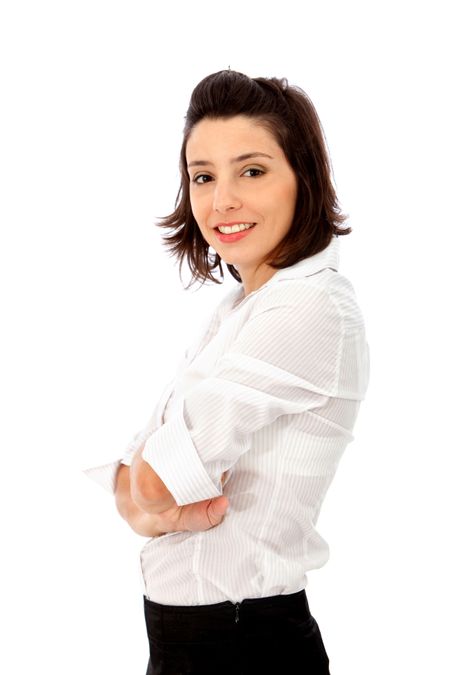 Friendly business woman smiling isolated over a white background