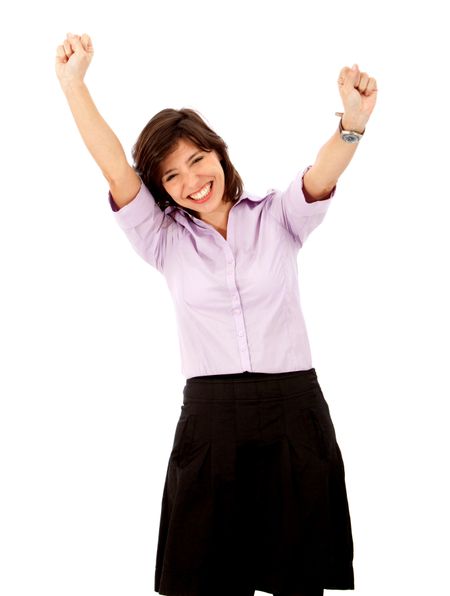 Friendly business woman full of success with her arms up - isolated over white