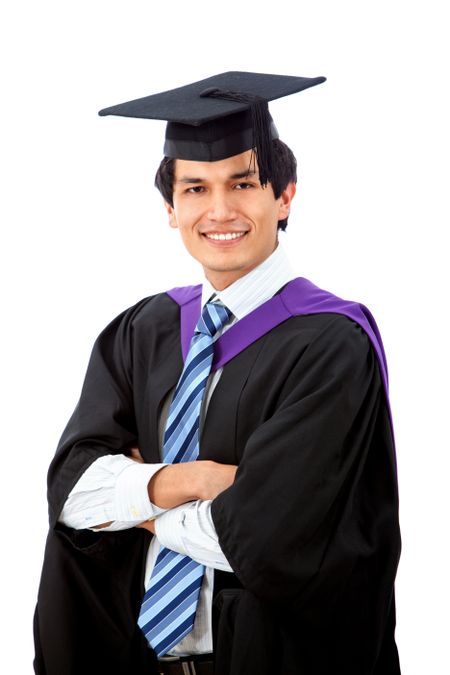 male graduation portrait smiling isolated over a white background