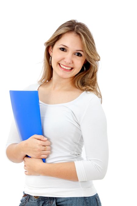 Beautiful female student with a notebook isolated over a white background