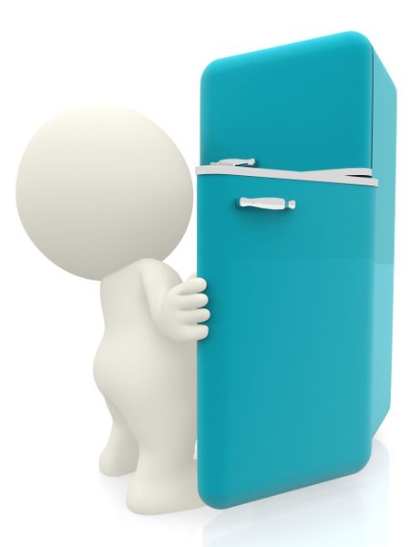 3D man looking inside a vintage fridge isolated over a white background