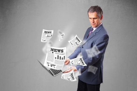 Handsome middle aged businessman holding notebook and reading the explosive newspaper