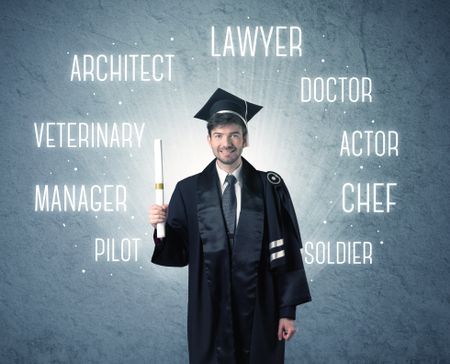 Graduete person looking for professions written above his head